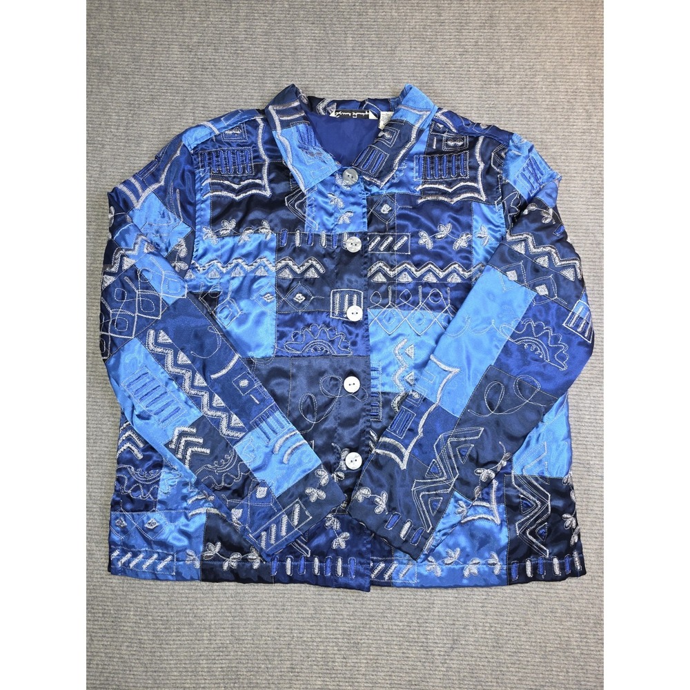 French Laundry Blue White Satin Embroidered Patchwork Blazer Jacket Womens Large